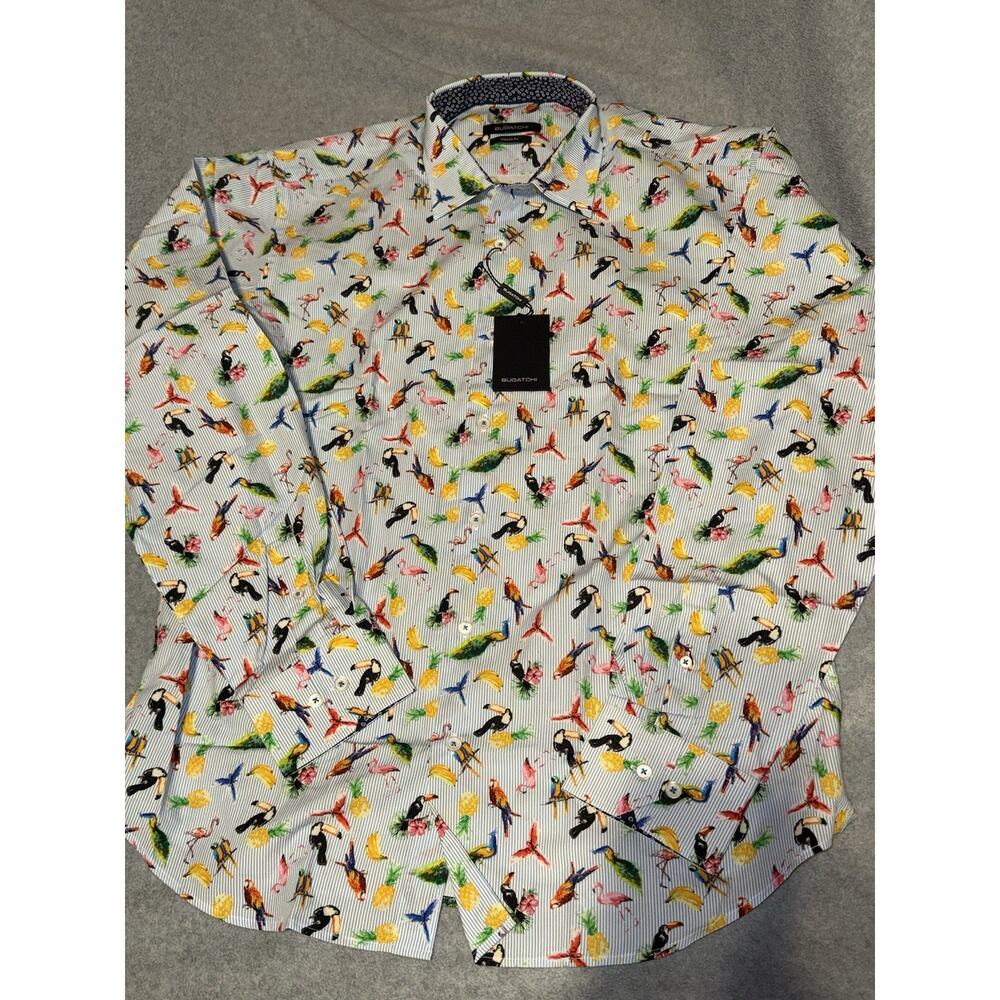 Bugatchi Classic Fit Men's Dress Shirt Size Large Multicolor Parrots Birds Fruit